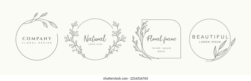 Plantillas de logotipo de estilo lineal mínimo con flores dibujadas a mano, hojas y ramas.Marco floral elegante. Delicada ilustración botánica trendy vectorial para etiquetas, identidad corporativa, invitación a la boda