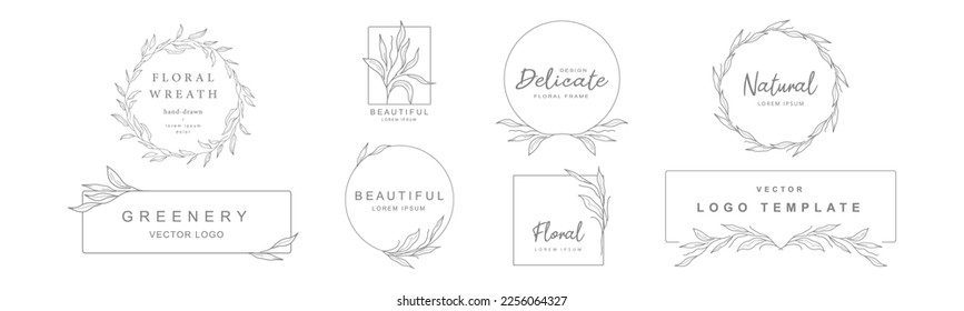 Logo templates in minimal linear style with hand drawn branches and leaves. Elegant vector floral frame for labels, corporate identity, wedding invitation save the date
