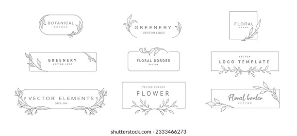 Logo templates in minimal linear style with hand drawn branches and leaves. Elegant floral frame. Botanical vector illustration for labels, corporate identity, wedding invitation, save the date