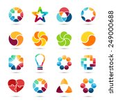 Logo templates set. Abstract circle creative signs and symbols. Circles, plus signs, heart, star, triangle, hexagons and other design elements.