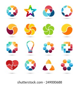 Logo templates set. Abstract circle creative signs and symbols. Circles, plus signs, heart, star, triangle, hexagons and other design elements.