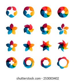 Logo templates set. Abstract circle creative signs and symbols. Circles, plus signs, star, pentagon, hexagon and other design elements.