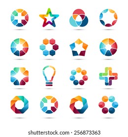 Logo templates set. Abstract circle creative signs and symbols. Circles, plus signs, stars, triangle, hexagons, bulb and other design round geometric elements. 