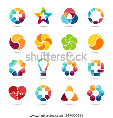 Logo templates set. Abstract circle creative signs and symbols. Circles, plus signs, heart, star, triangle, hexagons and other design elements.