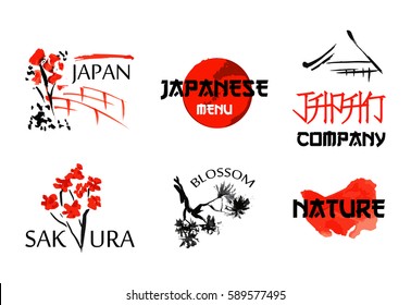 Logo templates set with asia landscapes, buildings and blossoming sakura branchs symbols in traditional japanese sumi-e style. Vector sign for design