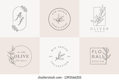 Logo templates set. Elegant logo design with leaves, branch and wreath - Vector
