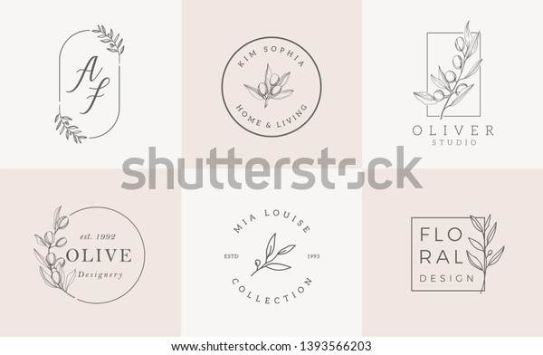 Logo templates set. Elegant logo design with\
leaves, branch and wreath -\
Vector