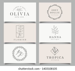 Logo templates set. Premade Elegant logo design with leaves, branch and wreath - Vector