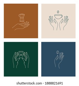 Logo templates set in trendy linear minimal style. Hands with coffee cup, coffee pot and beans emblem badge for cafe and shops on modern colors background. Vector illustration.