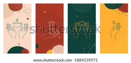 Logo templates set in trendy linear minimal style. Hands with coffee cup, coffee pot and beans emblem badge for cafe and shops on abstract modern vertical stories background, shapes and pattern Vector