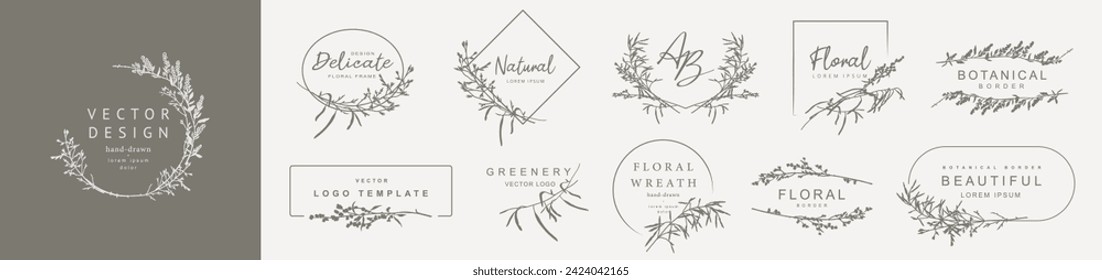 Logo templates with wild plant botanical elements. Elegant vector floral frame for labels, business identity, wedding invitation, save the date, branding