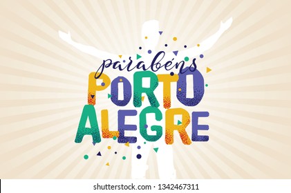 Logo With Text in Brazilian Portuguese Saying Happy Anniversary Porto Alegre, Brazilian City Name, Festive Layout, Celebration Vector Banner, Lettering with City Name from Brazil