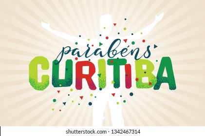 Logo With Text in Brazilian Portuguese Saying Happy Anniversary Curitiba, Brazilian City Name, Festive Layout, Celebration Vector Banner, Lettering with City Name from Brazil