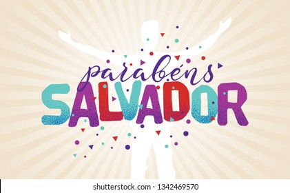 Logo With Text in Brazilian Portuguese Saying Happy Anniversary Salvador, Brazilian City Name, Festive Layout, Celebration Vector Banner, Lettering with City Name from Brazil