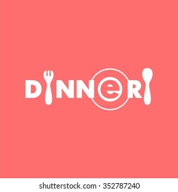 logo text dinner with plate, spoon and fork. Vector design logo. Logo for cafe. Vector illustration