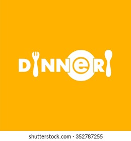 logo text dinner with plate, spoon and fork. Vector design logo. Logo for cafe. Vector illustration