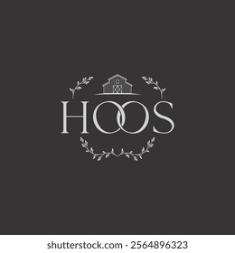 A logo with the text 'HOOS' where the two 'O's are interlinked, a barn icon above the text, and decorative branches surrounding the text