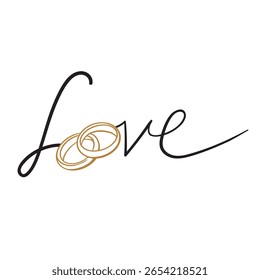 Logo text lettering LOVE with wedding rings. Vector illustration for poster, card, banner, wedding. Hand drawn word love Couples' Rings