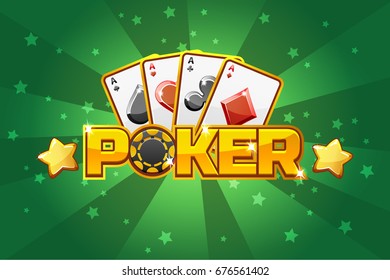 Logo Text POKER And Playing Cards, For Ui Game Element. Green Background Glow