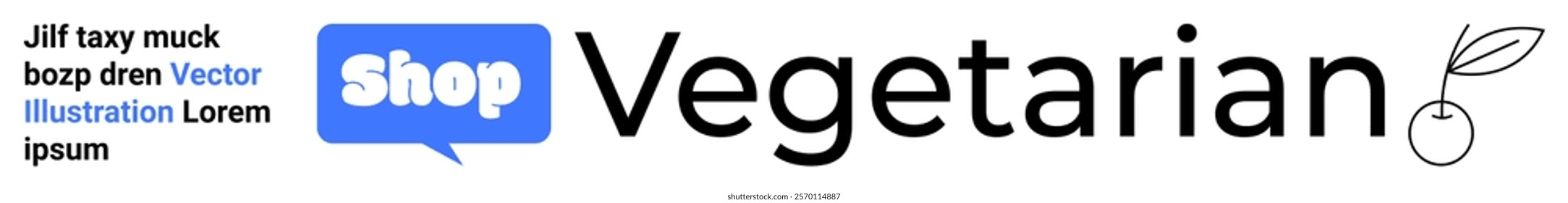 Logo with text Shop Vegetarian in a speech bubble and cherry icon. Ideal for vegetarian, vegan, organic food, eco-friendly, and online store themes. Banner for landing page