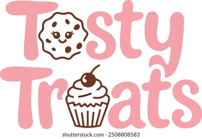 A logo with the text "Tasty Treats" in large, playful, cursive letters. The "T" in "Tasty" is a cute, smiling cookie. The "T" in "Treats" is a cupcake with a cherry on top.