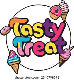 A logo with the text "Tasty Treats" in large, playful, cursive letters. 