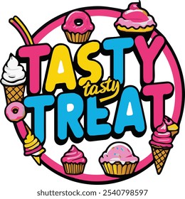 A logo with the text "Tasty Treats" in large, playful, cursive letters. 