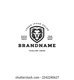 logo text template with lion head and shield illustration