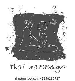 Logo thai massage in gray. Silhouette of a woman getting traditional thai stretching massage by therapist.  background with dry rough edges. Thai massage concept for your design. EPS10