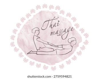 Logo thai massage in raindrop rose. Silhouette of a woman getting traditional thai stretching massage by therapist. Watecolor Background with dry rough edges . Thai massage concept for your design. EPS10