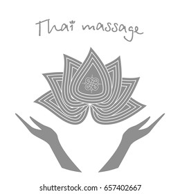 Logo thai massage. Stylized lotus flower and hands. Authentic Thai massage.  Stock vector. Flat design.
