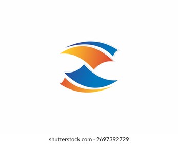 Logotipo que é uma representação abstrata de ondas ou um movimento giratório. Possui duas formas curvas, uma laranja e uma azul, que se espelham.