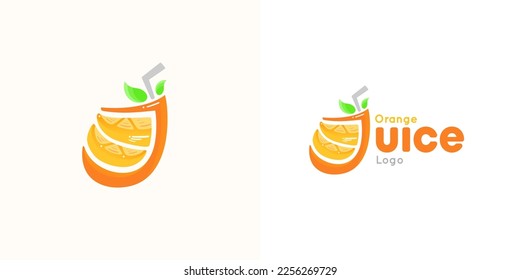 a logo that combines glass elements with orange slices and the letter J which is suitable for product businesses related to orange drinks