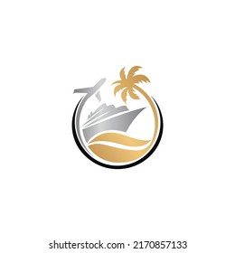 a logo that combines holiday elements (transport, sea, and palm natural scenery)