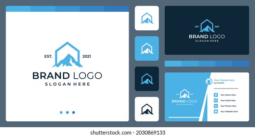 logo that combines house shapes and mountain. business cards.