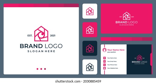 logo that combines house shapes and camera and lens. business cards.