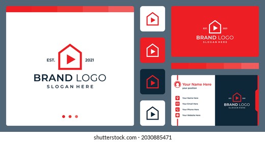 logo that combines house shapes and abstract video and play button. business cards.