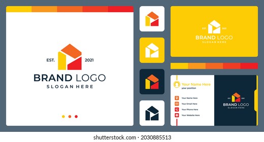 logo that combines house shapes and abstract video and play button. business cards.