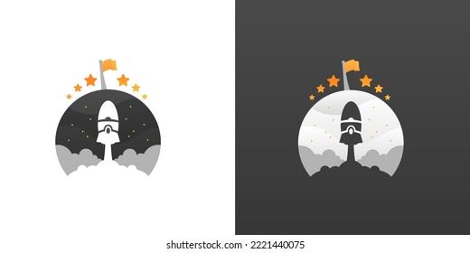 a logo that contains an image of a rocket heading to the moon to plant a flagpole which means a business has a high vision and great effort in reaching it.