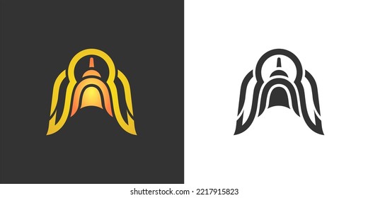 A logo that depicts a building like a skyscraper with wing ornaments which means a significant development process.