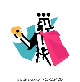 Logo for theatrical studio. Illustration of a Hamlet with a skull. The hero of the works of Shakespeare. Vector flat logo. The king's character on the stage. Corporate identity. Abstract modern logo.