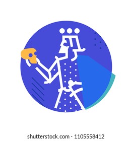 Logo for theatrical studio. Illustration of a Hamlet with a skull. The hero of the works of Shakespeare. Vector flat logo. The king's character on the stage. Corporate identity. Abstract modern logo.