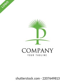 Logo With The Theme Combination Of Palm Trees And The Letter P With Green Color Symbolizes Coolness. Suitable for use by companies engaged in Palm Oil, Lodging, Resorts, Beaches, and others.