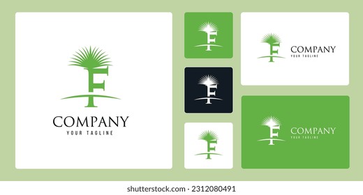 El Logotipo Con La Combinación Temática De Palmeras Y La Letra F Con Color Verde Simboliza La Cooldad. Adecuado para uso de empresas dedicadas al Aceite de Palma, Alojamiento, Resorts, Playas y Otros.