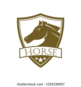 logo with the theme of an illustration of a horse's head inside a shield