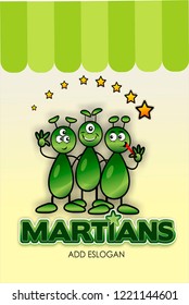 Logo of three alien Martians. Funny colorful cartoon alien with green stars. Martians Stock Vector