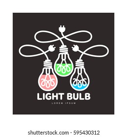 Logo of three black outline, line art light bulbs with different content levels and powers cords, vector illustration isolated on black background. 