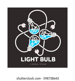 Logo of three black outline, line art light bulbs with different content levels and powers cords, vector illustration isolated on black background. Logotype, logo design with three light bulbs