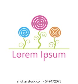 Logo of Three flowers in the meadow. Cartoon plants in the form of spirals.