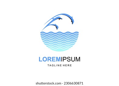 Logo of three jumping dolphins and ocean waves in blue, light blue and black colors.